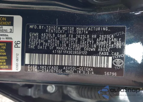 2014 Toyota Camry L z USA, uszkodzony, nr VIN 4T1BF1FK9EU859122
